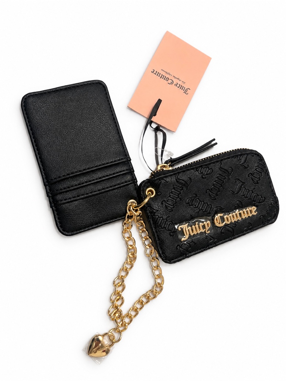 Juicy Couture Black Cardholder and Coin Pouch with Gold Chain Heart Charm
